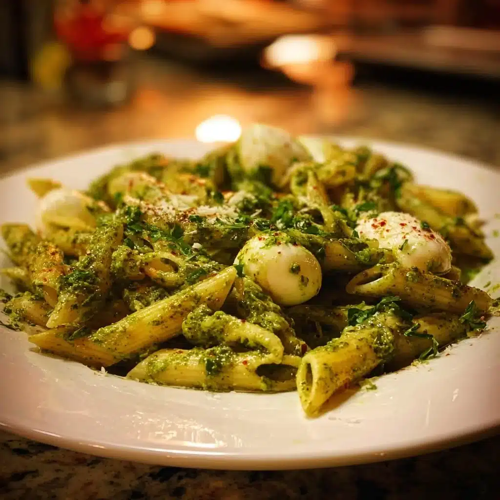 Delicious Pesto Mozzarella Penne Pasta with fresh ingredients
