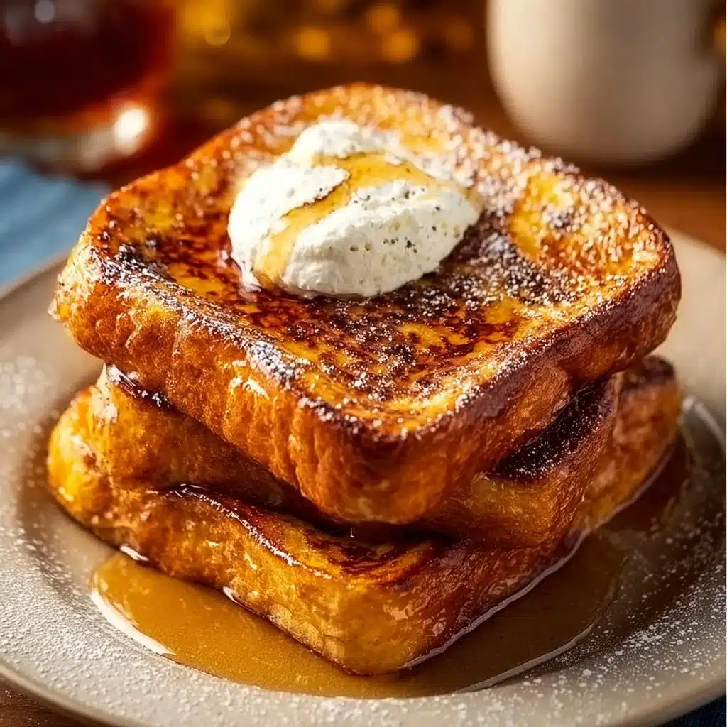 Delicious Pumpkin French Toast served with maple syrup and whipped cream.