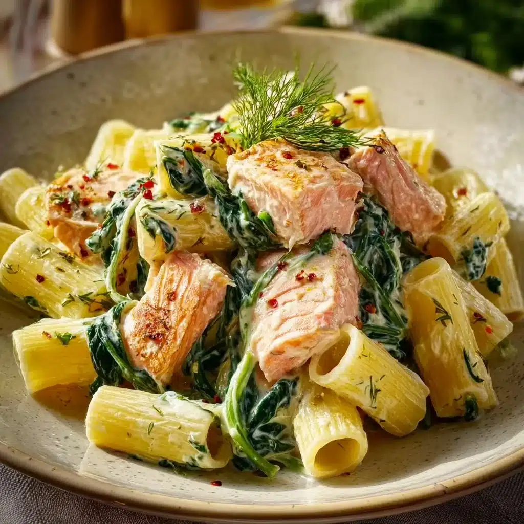 Quick salmon and spinach pasta dish served on a plate.