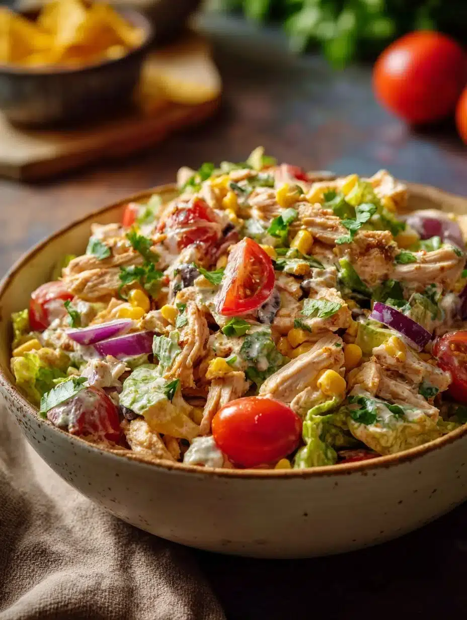 A vibrant Quick Southwest Chicken Salad with grilled chicken, veggies, and dressing.
