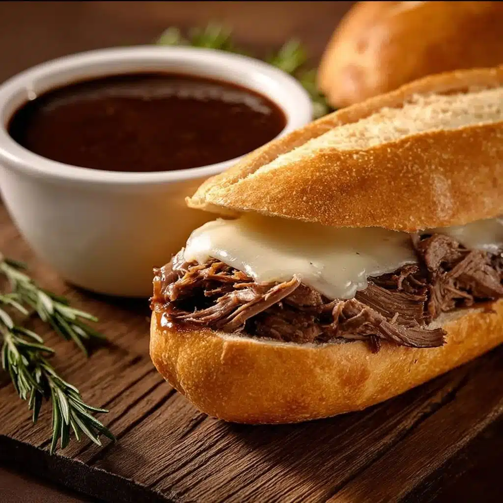 Roast beef sandwiches with au jus served on a rustic wooden table