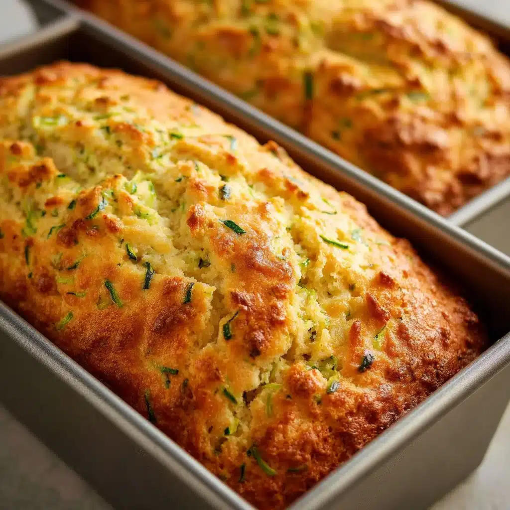 Savory zucchini quick bread loaf fresh out of the oven