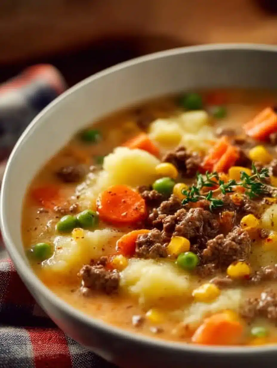Bowl of hearty Shepherd's Pie Soup garnished with parsley