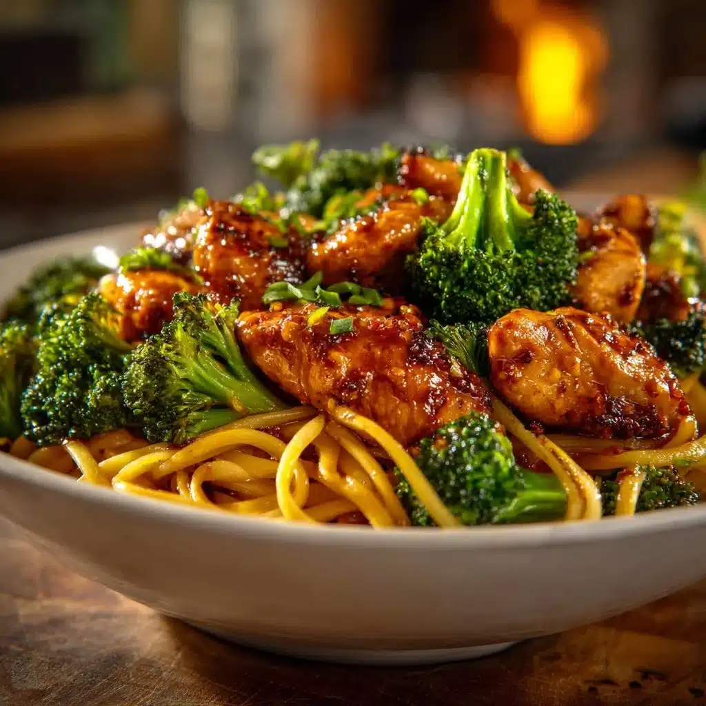 Delicious Spicy Garlic Chicken and Broccoli Noodle Bowl with vibrant veggies
