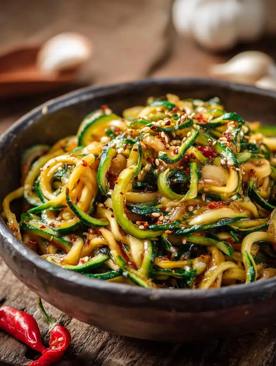 Spicy garlic Chinese zucchini noodles with colorful vegetables in a bowl