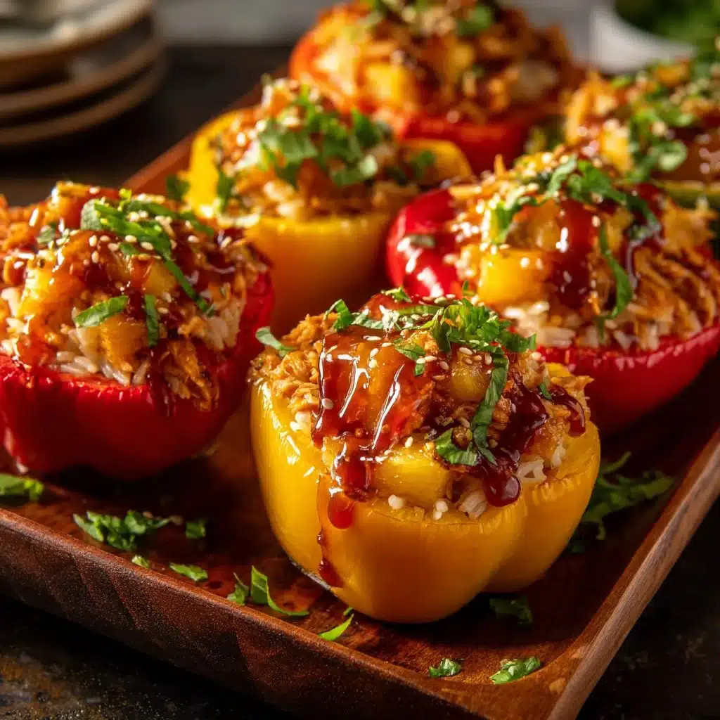 Teriyaki chicken and pineapple rice stuffed peppers dish on a plate
