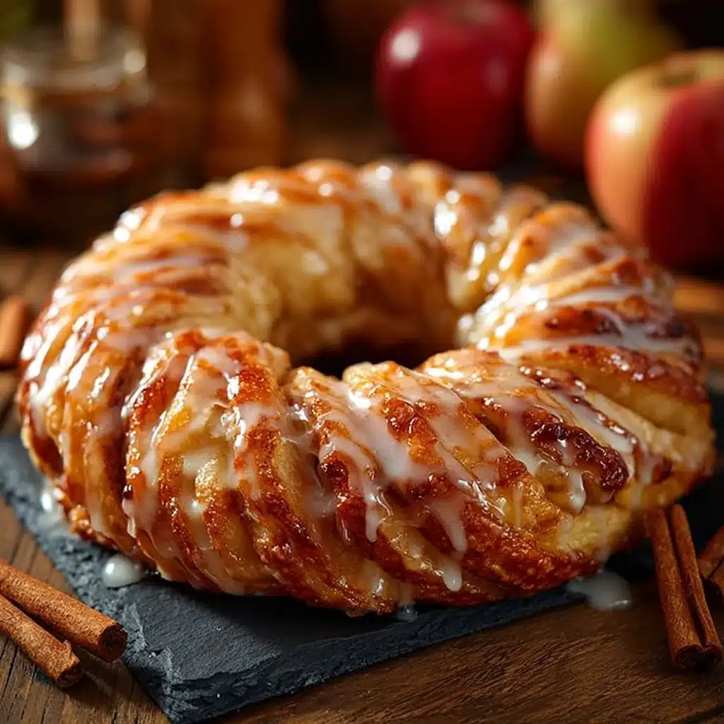 Freshly baked Apple Kringle drizzled with vanilla glaze on a wooden table