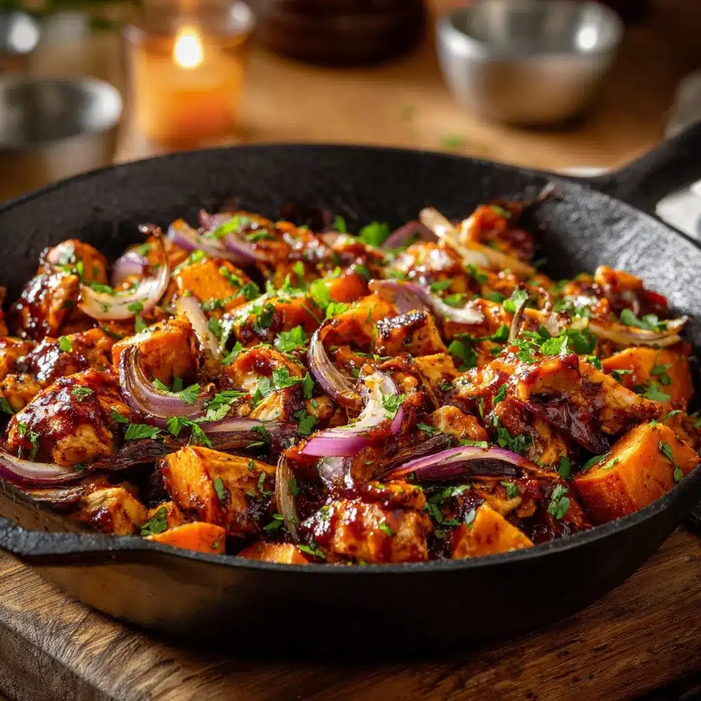 BBQ chicken sweet potato skillet dish served in a vibrant skillet with garnishes