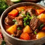 A hearty bowl of beef stew with tender meat and fresh vegetables