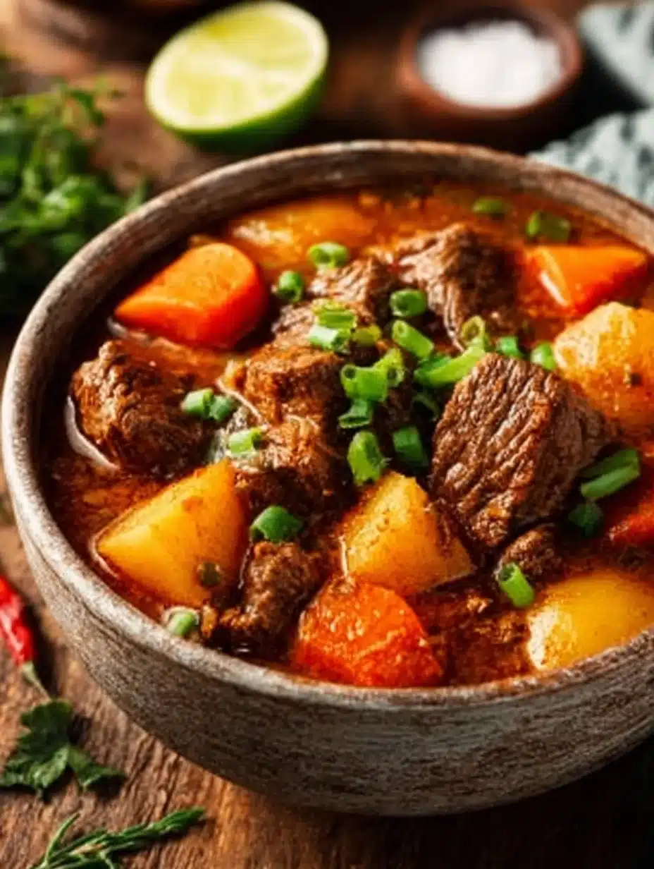 A hearty bowl of beef stew with tender meat and fresh vegetables