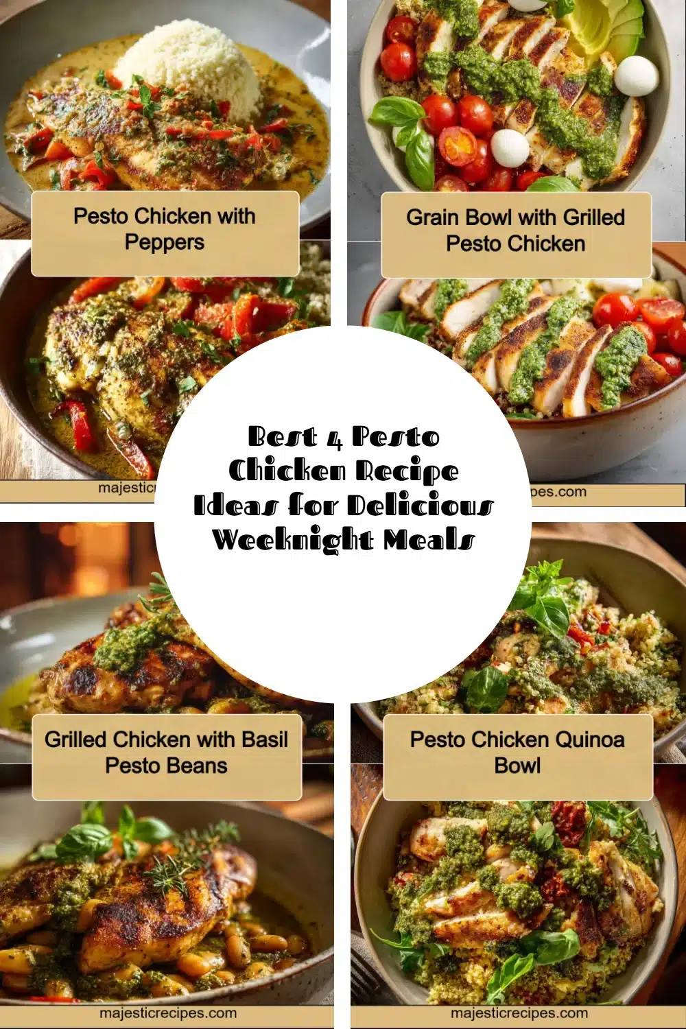 Pesto chicken served with pasta and vegetables for a delightful weeknight dinner