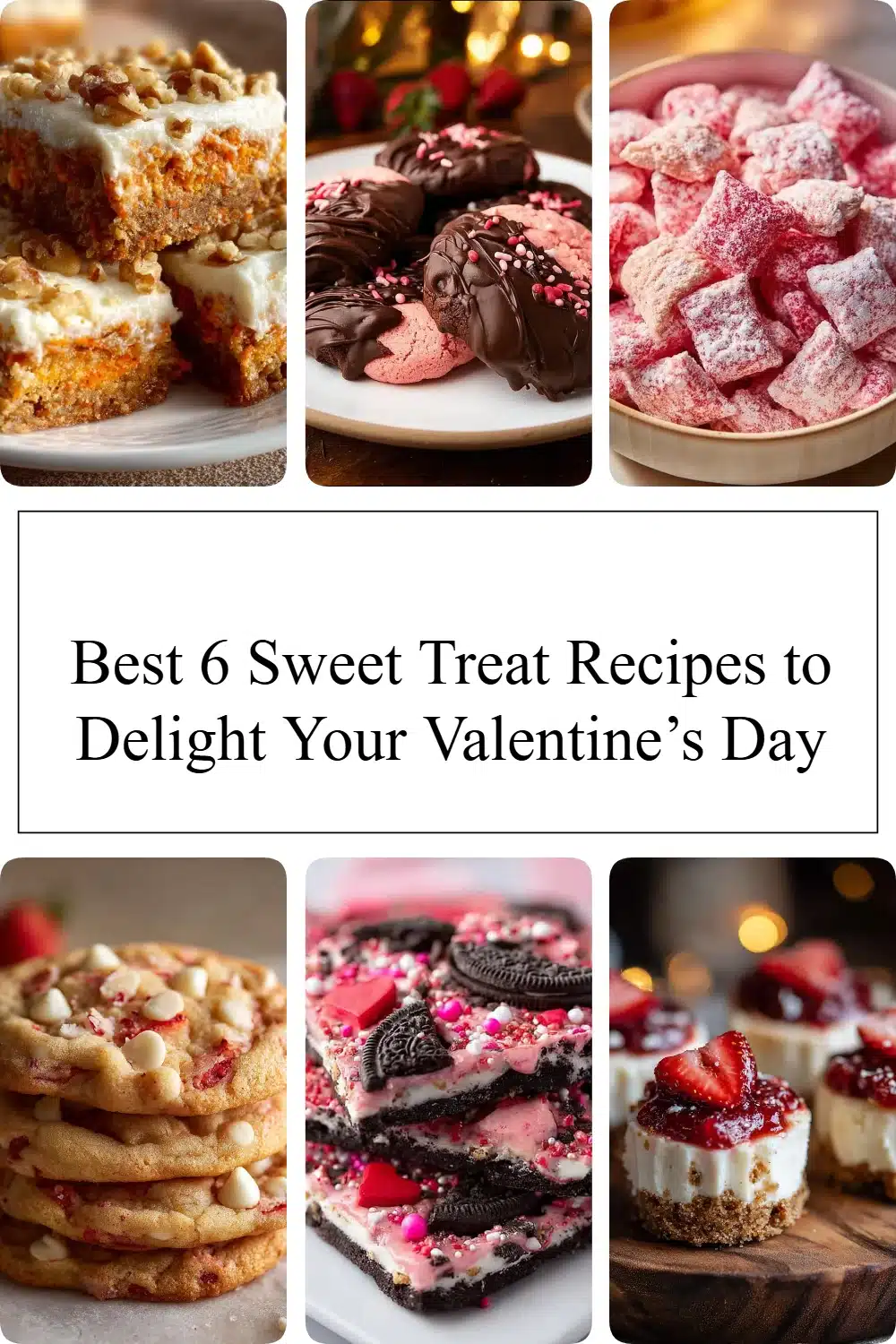 Valentine’s Day sweet treat recipes collage featuring cakes and chocolates