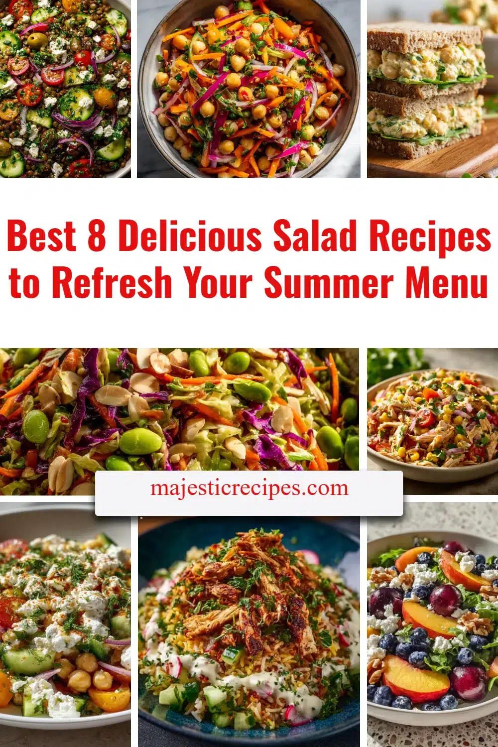 Colorful summer salads featuring fresh ingredients and vibrant flavors.