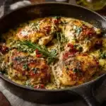 Boursin Chicken dish garnished with herbs and vegetables