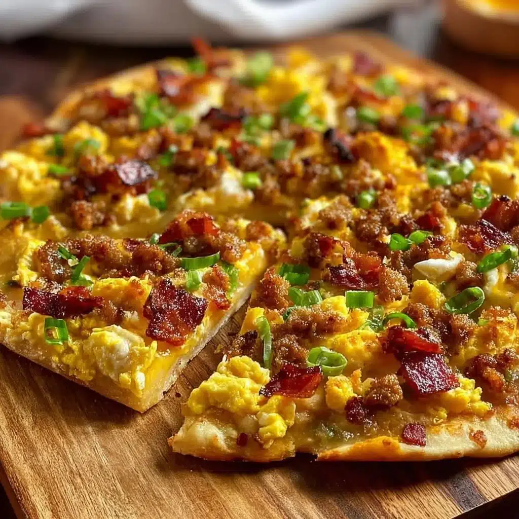 Homemade breakfast pizza topped with eggs, cheese, and fresh vegetables.