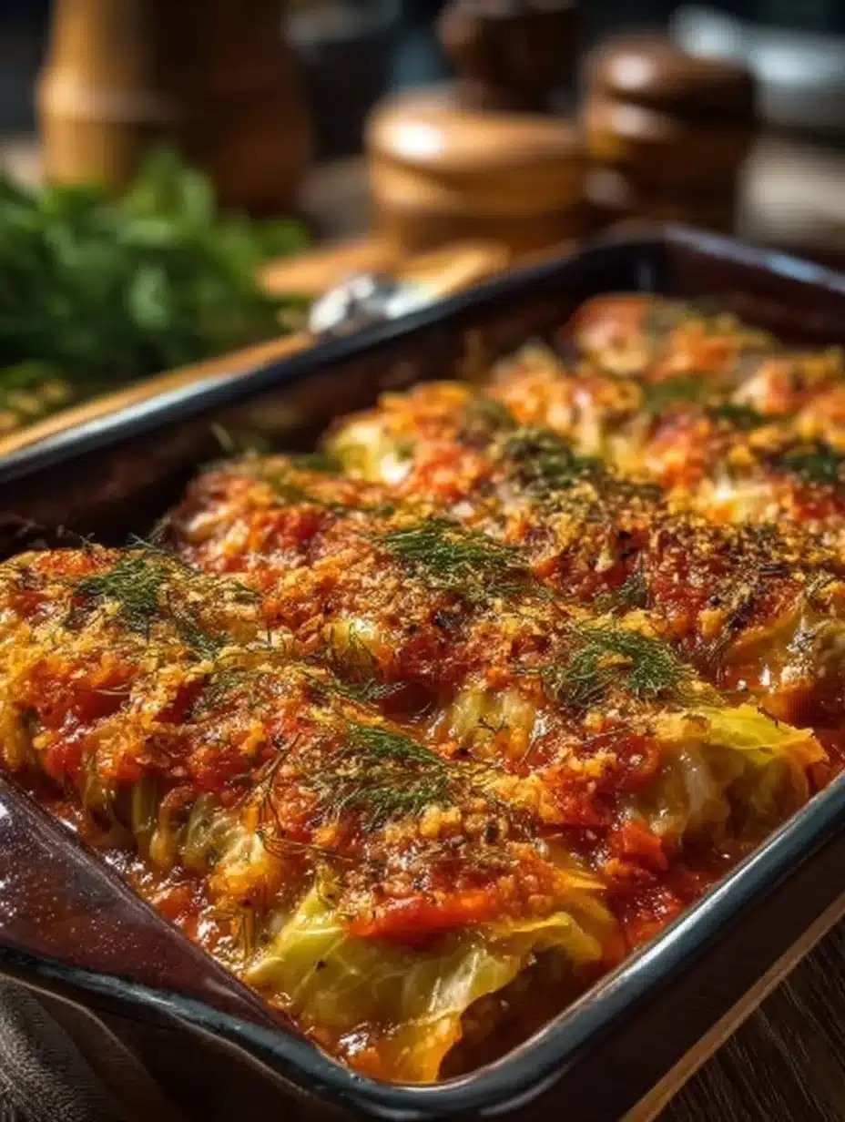 Cabbage Roll Casserole with Tomato Dill Sauce