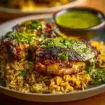 Delicious chicken and rice dish served with a zesty green sauce.