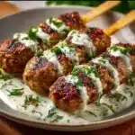 Delicious Chicken Koftas with garlic yogurt sauce on a plate.