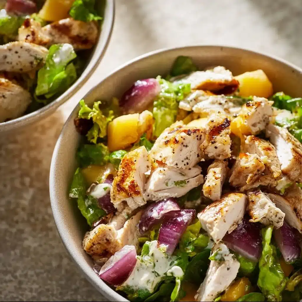 Bowl of Chicken Salad Delight with fresh ingredients and a creamy dressing