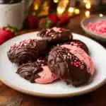 Delicious chocolate covered strawberry cookies on a plate, garnished with fresh strawberries.