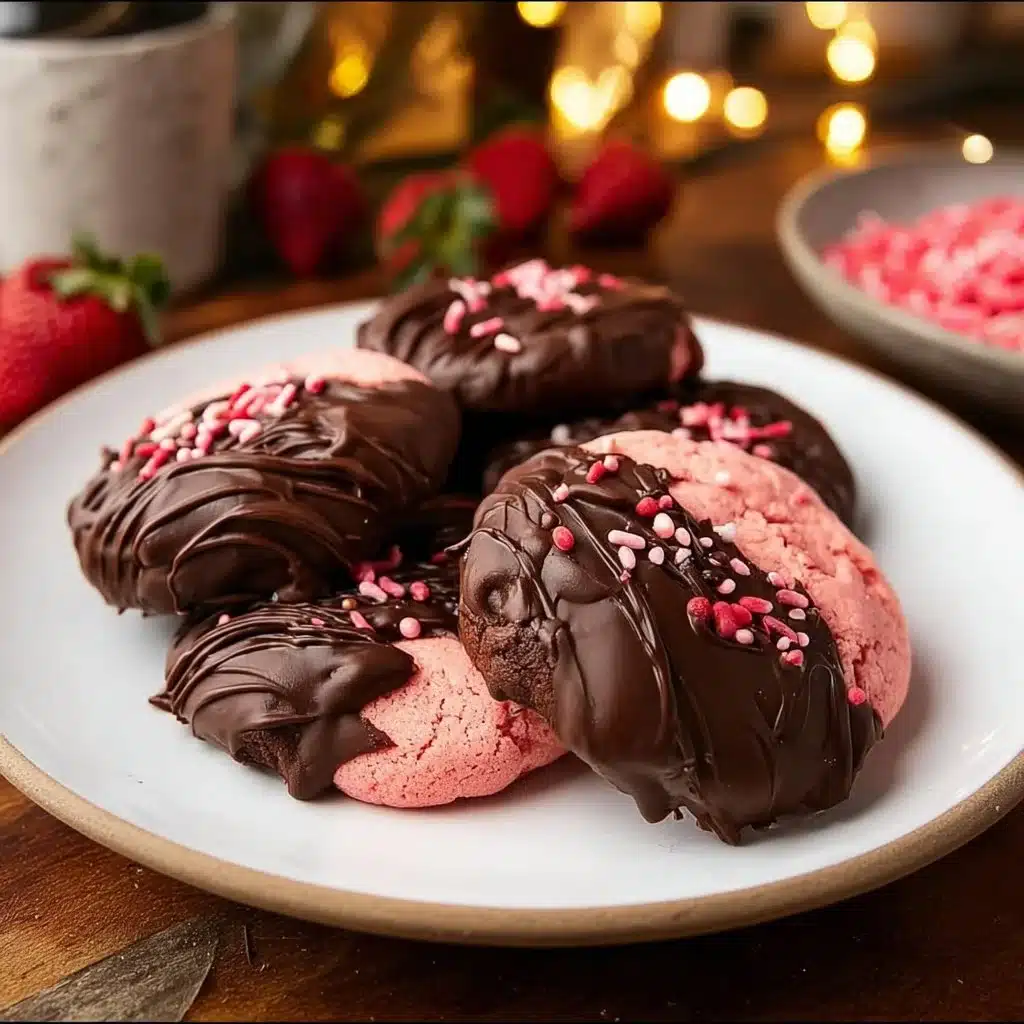 Delicious chocolate covered strawberry cookies on a plate, garnished with fresh strawberries.