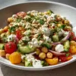 Cottage cheese and chickpeas salad in a bowl, garnished with fresh herbs
