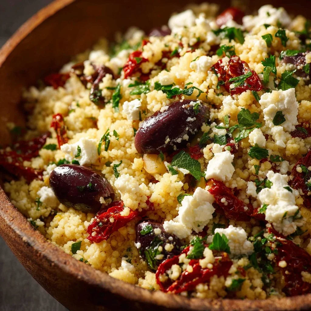 Couscous Olive Feta Salad with fresh vegetables and herbs