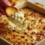 Creamy and cheesy artichoke dip served in a bowl with a crispy dipper