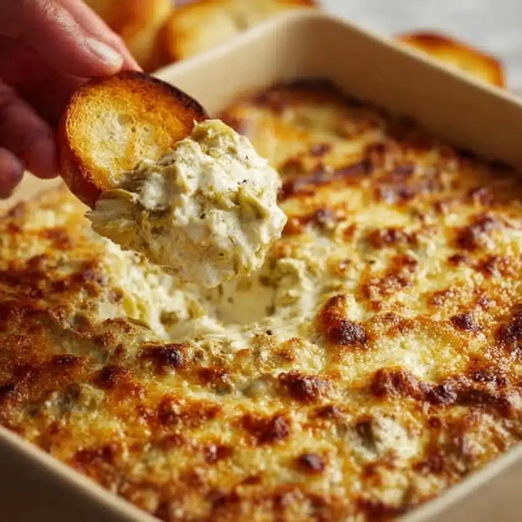Creamy and cheesy artichoke dip served in a bowl with a crispy dipper
