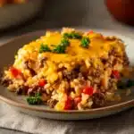 Creamy Cheesy Hamburger Rice Casserole in a baking dish