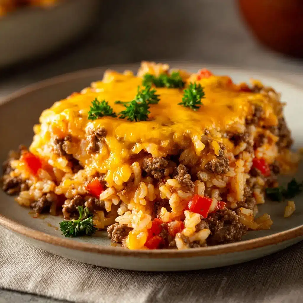 Creamy Cheesy Hamburger Rice Casserole in a baking dish