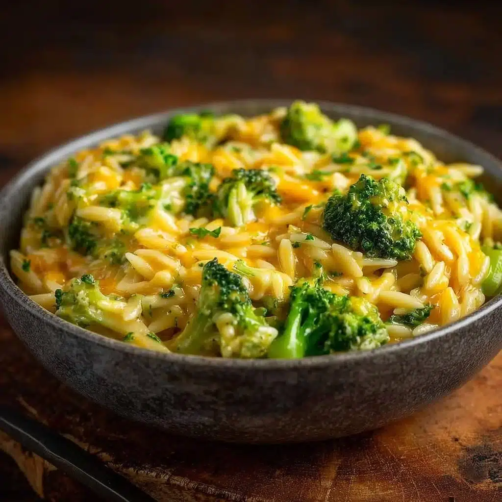 Creamy broccoli cheddar orzo cooked in one pot, topped with melted cheese.