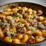 Delicious creamy kielbasa gnocchi skillet topped with herbs.