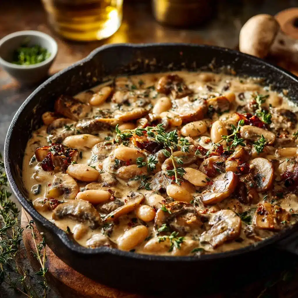 Creamy white bean and mushroom skillet dish served in a skillet pan.