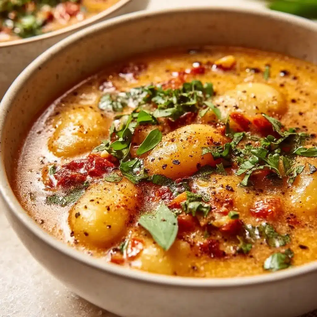 Bowl of dairy-free sun-dried tomato gnocchi soup garnished with herbs