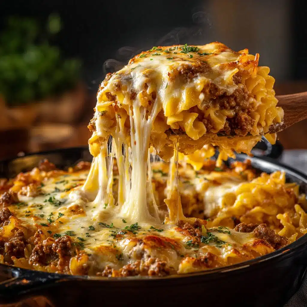 Delicious Dairyland Casserole served in a baking dish with fresh ingredients.