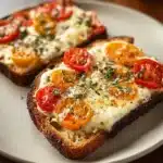 Easy air fryer cottage cheese pizza toast topped with fresh ingredients