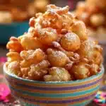 Delicious funnel cake bites topped with powdered sugar on a plate
