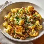 Garlic Butter Ground Turkey served with sautéed cauliflower in a skillet