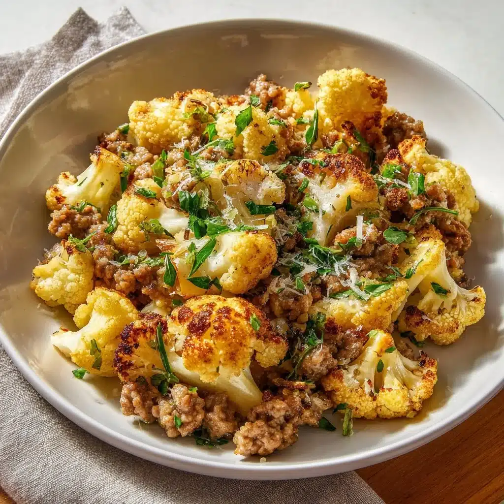 Garlic Butter Ground Turkey served with sautéed cauliflower in a skillet