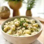 Gnocchi in creamy garlic pesto sauce garnished with herbs.