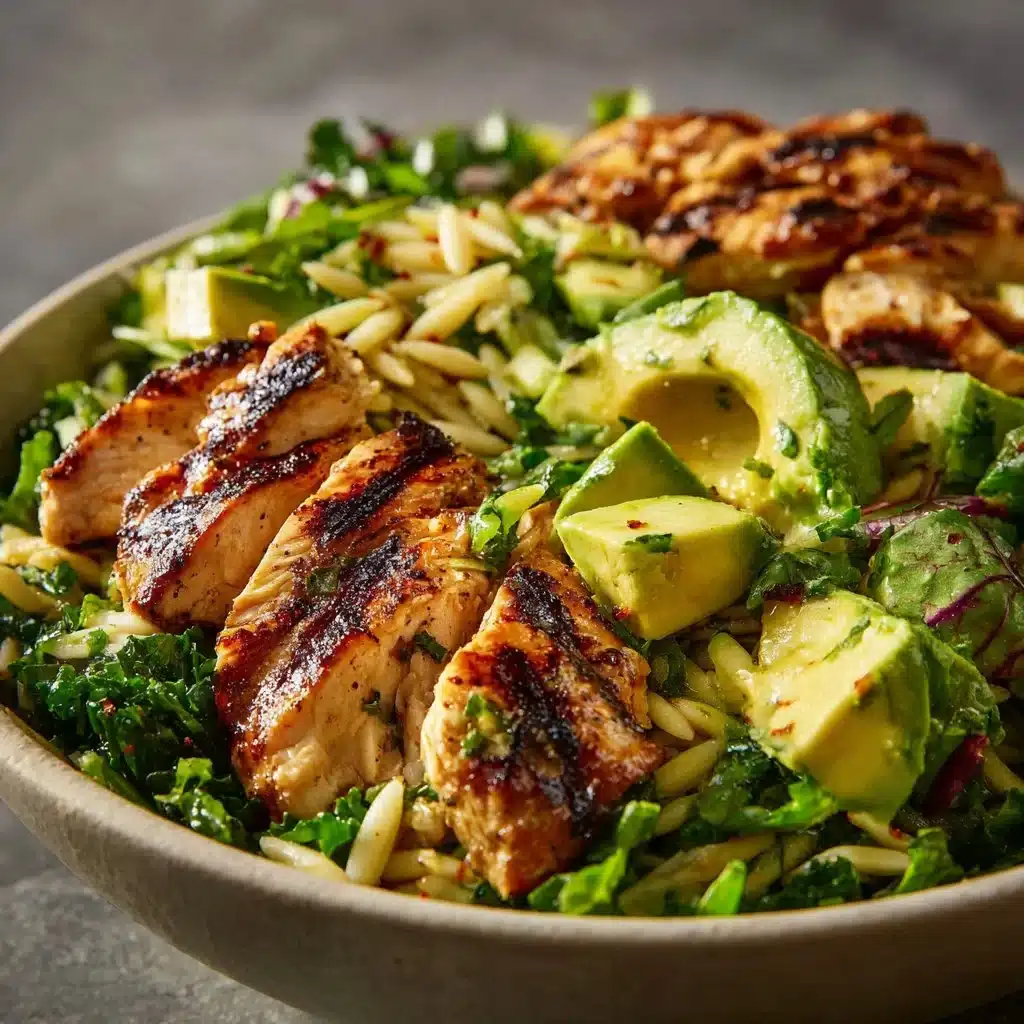 Grilled chicken orzo salad with fresh vegetables and dressing