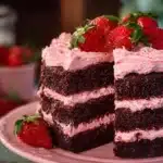 Homemade dark chocolate cake topped with strawberry buttercream frosting.