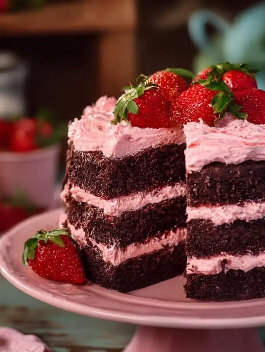 Homemade dark chocolate cake topped with strawberry buttercream frosting.