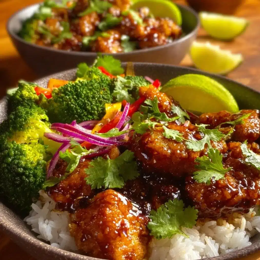Hot Honey Chicken Bowl with spices and honey glaze over rice and vegetables