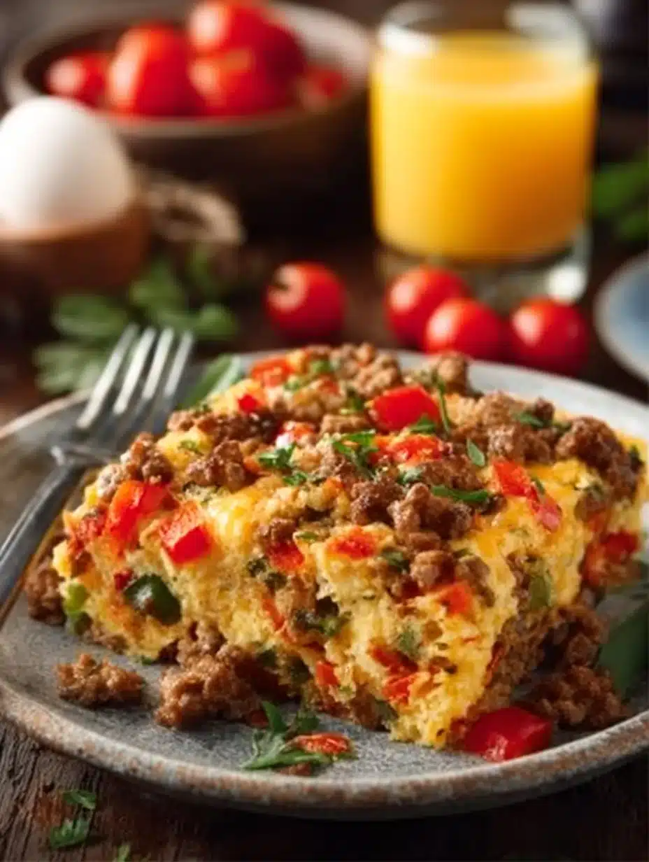 Italian Sausage and Pepper Breakfast Casserole dish served warm