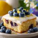 Lemon Blueberry Sheet Cake with fresh blueberries and lemon zest on a white plate