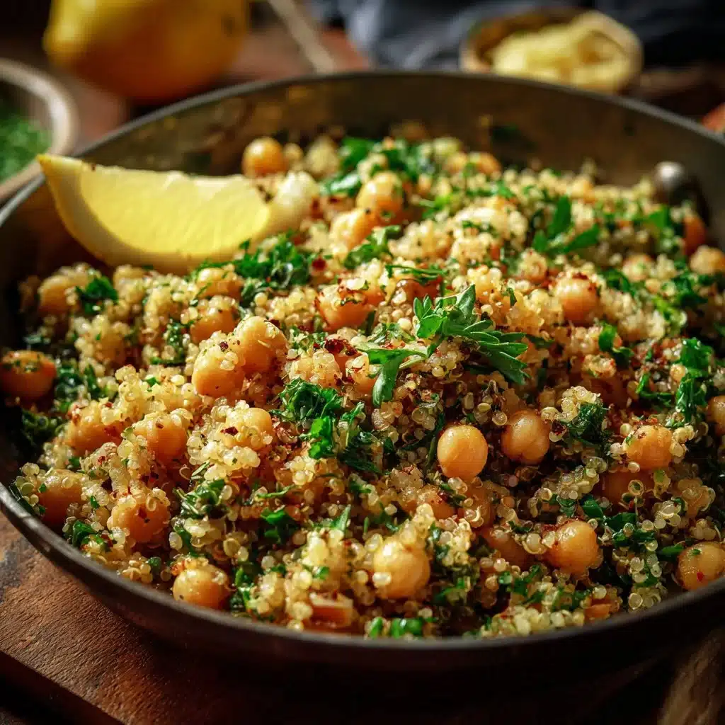 Lemon Herb Quinoa with Chickpeas served in a bowl garnished with fresh herbs