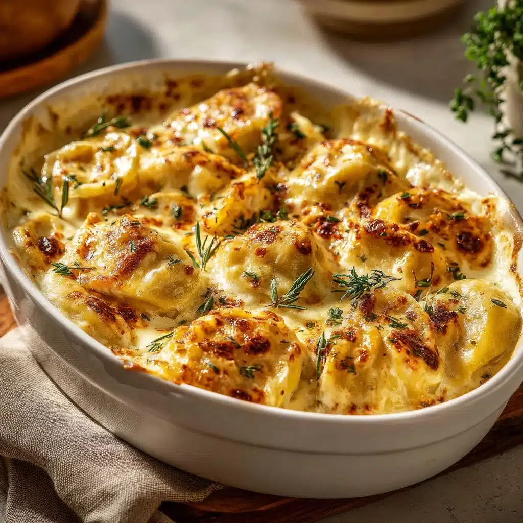 Lightened up pierogi casserole topped with cheese and herbs