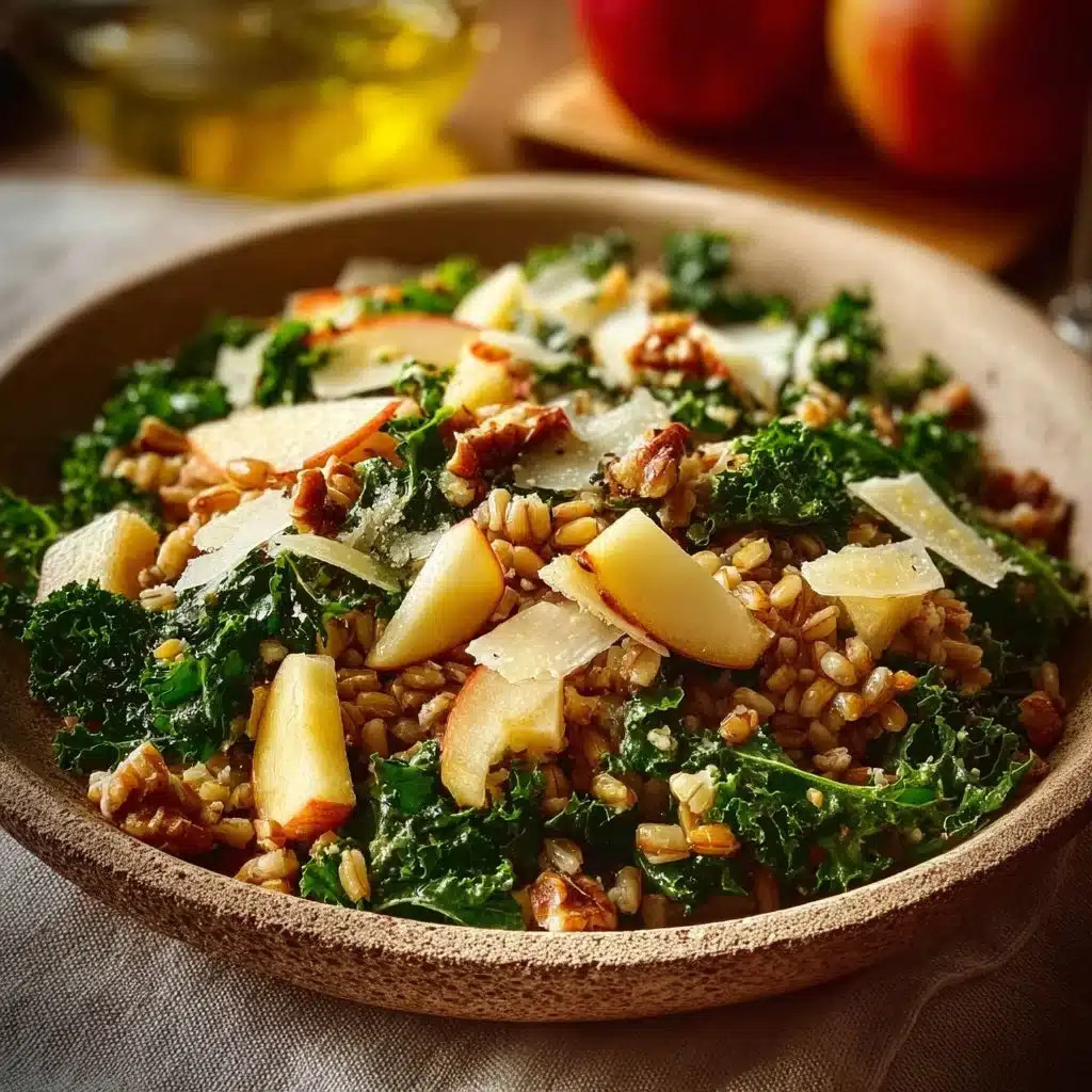 Manchego Apple Kale Farro Salad with fresh ingredients and vibrant colors